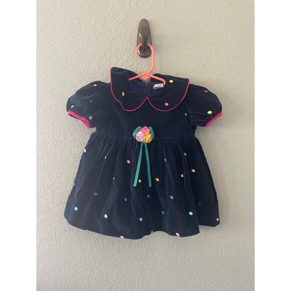 Vintage Girls 24 Month Velvet Dress Blue Polka Dot Formal Collared